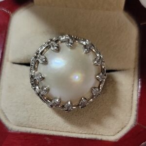 Elegant Pearl Halo Cocktail Ring - White Pearl with Silver 925 Accent